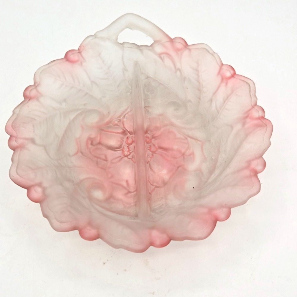 Indiana Glass Wild Rose Divided Relish Dish with Handle‎ Frosted Satin Glass